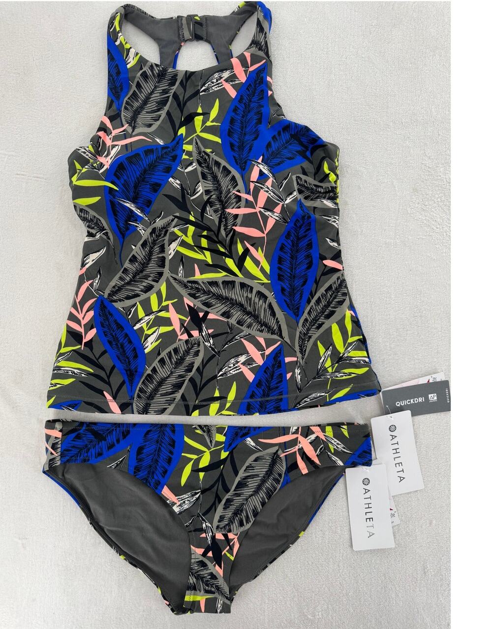 Athleta Tankini 2 Piece Midnight Palm Swimsuit Black Green Bathing Suit L 36 B/C